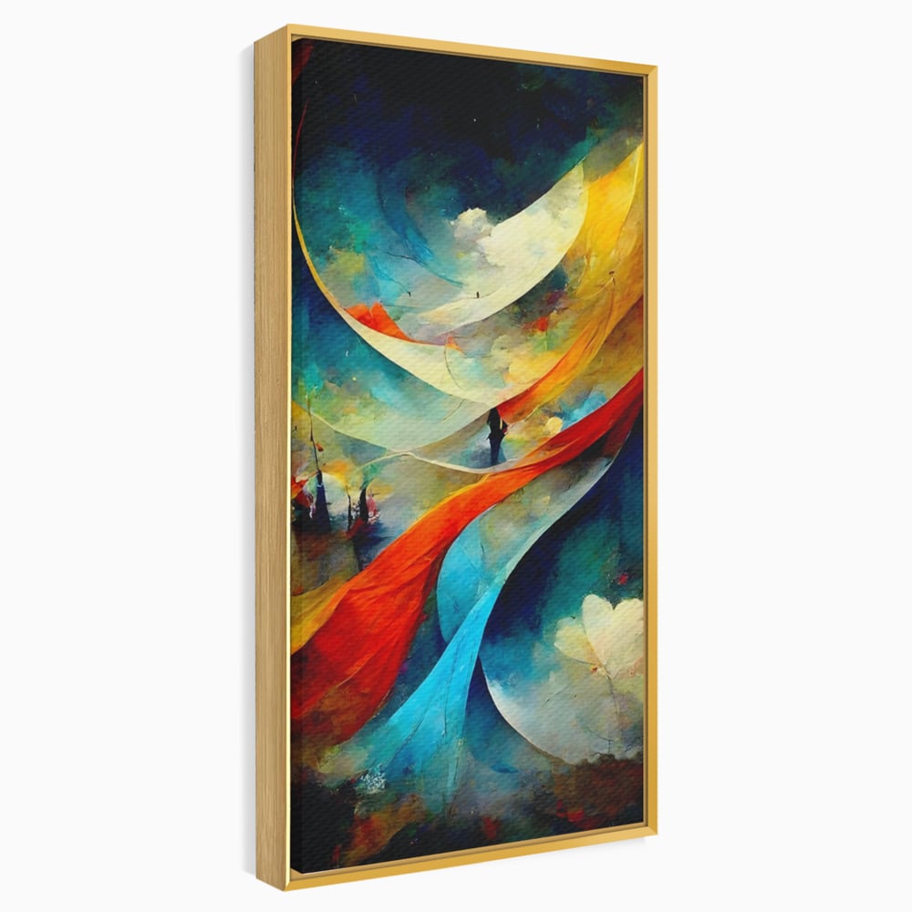 Tablou canvas cu pictura abstracta cu valuri colorate, in rama de aluminiu auriu